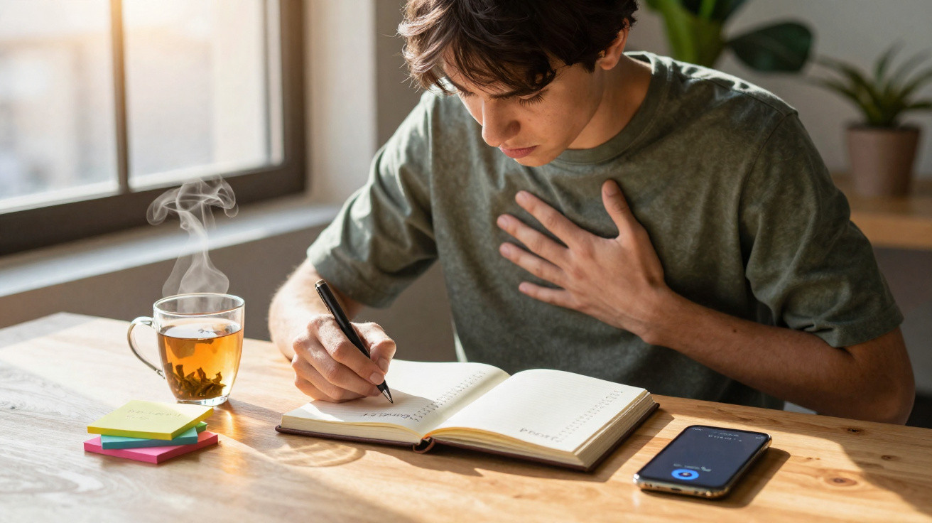 Jovem sentado a escrever num caderno, com chá quente e telemóvel numa mesa de madeira iluminada pela luz natural.