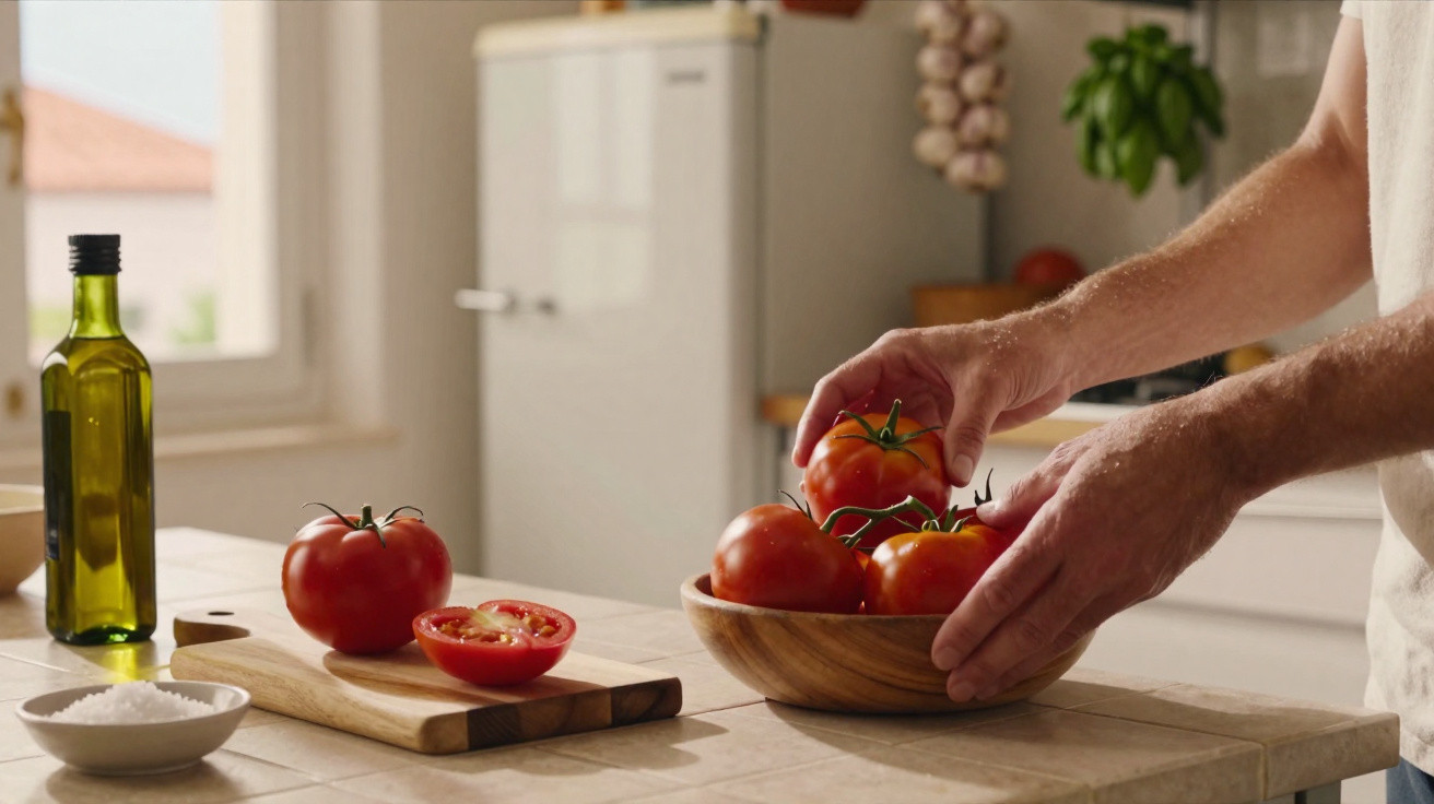 Mãos a colocar tomates numa tigela de madeira numa cozinha com azeite e sal à vista.