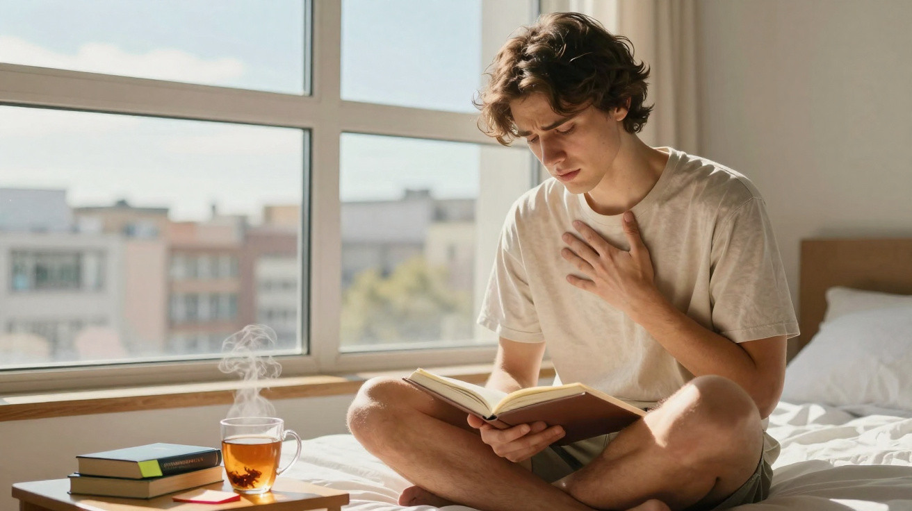 Jovem sentado na cama, lendo um livro com expressão de desconforto, ao lado chá fumegante numa mesa.