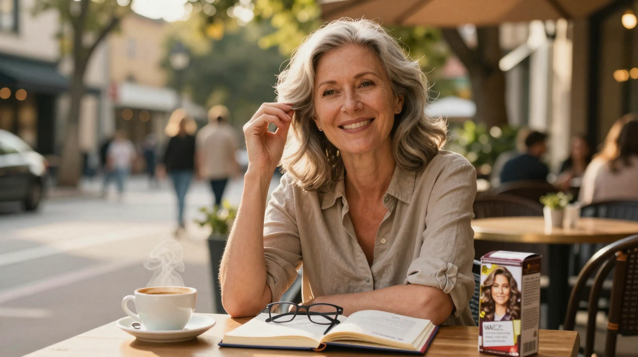 Mulher sorridente sentada numa esplanada com um livro aberto e uma chávena de café quente à frente.