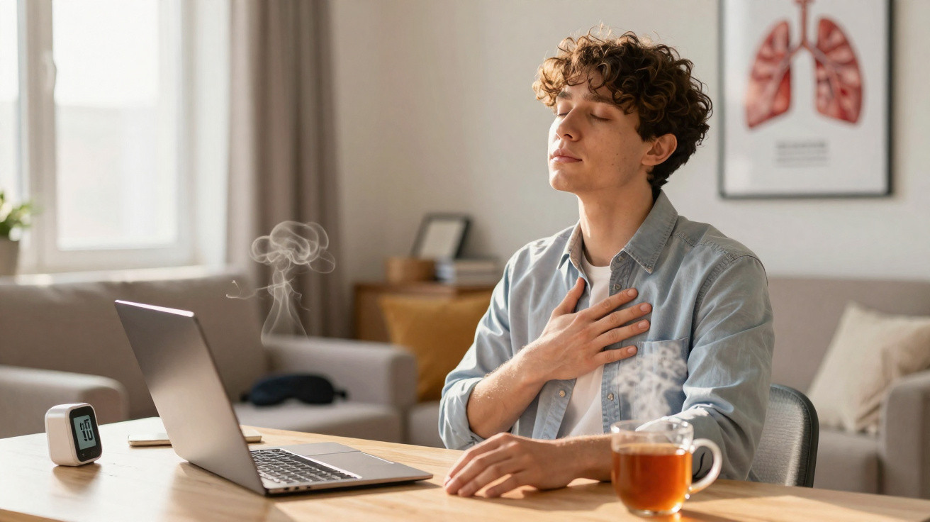 Jovem sentado à mesa com mão no peito, chá quente e portátil ligado num ambiente doméstico.