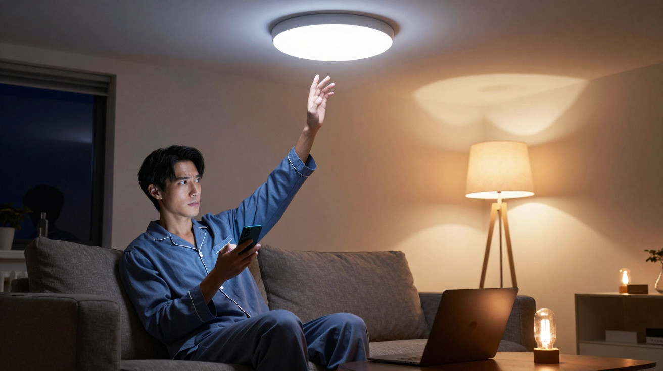 Homem sentado no sofá em pijama, a ligar luz de teto com uma mão e a segurar telemóvel com a outra.