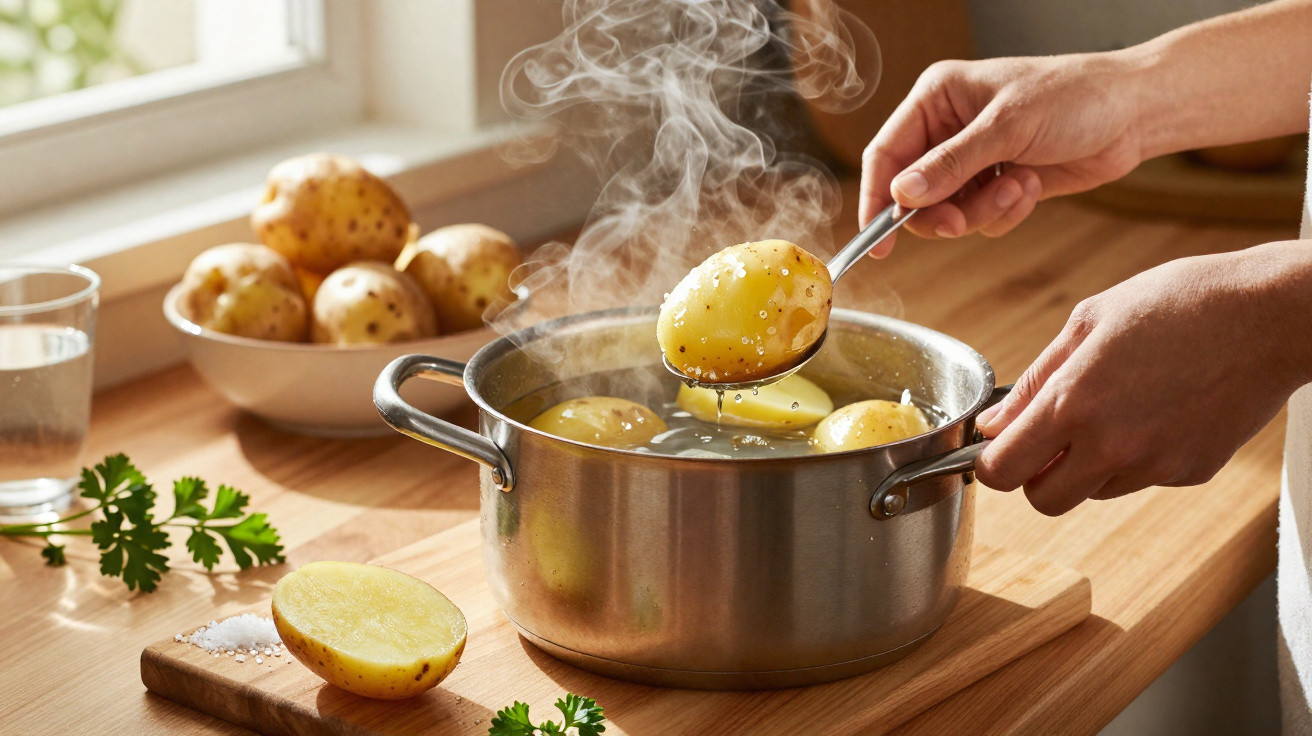 Mãos a escorrer batatas cozidas quentes de panela de inox numa cozinha iluminada por luz natural.