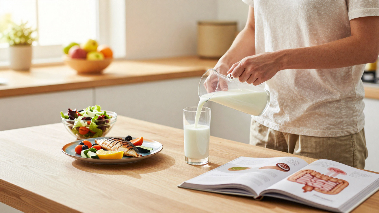 Pessoa a servir leite num copo com prato de comida saudável e livro aberto numa cozinha iluminada natural.