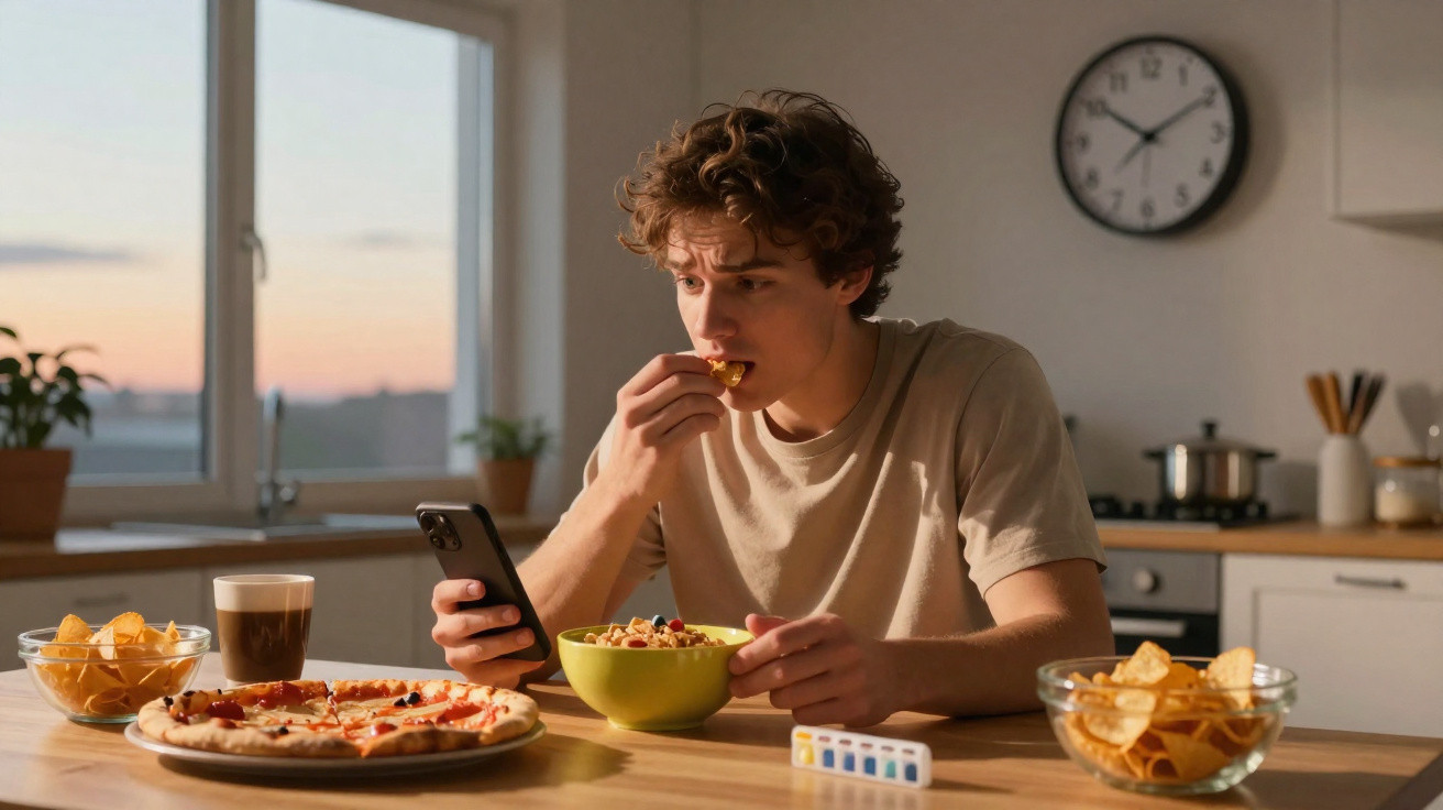 Jovem a comer cereais e a usar telemóvel na cozinha de manhã, com pizza, pão e café na mesa.