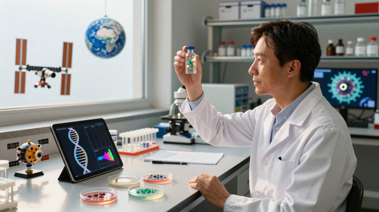 Cientista em laboratório a examinar frasco com cápsulas coloridas, com imagens de ADN e vírus em ecrãs.