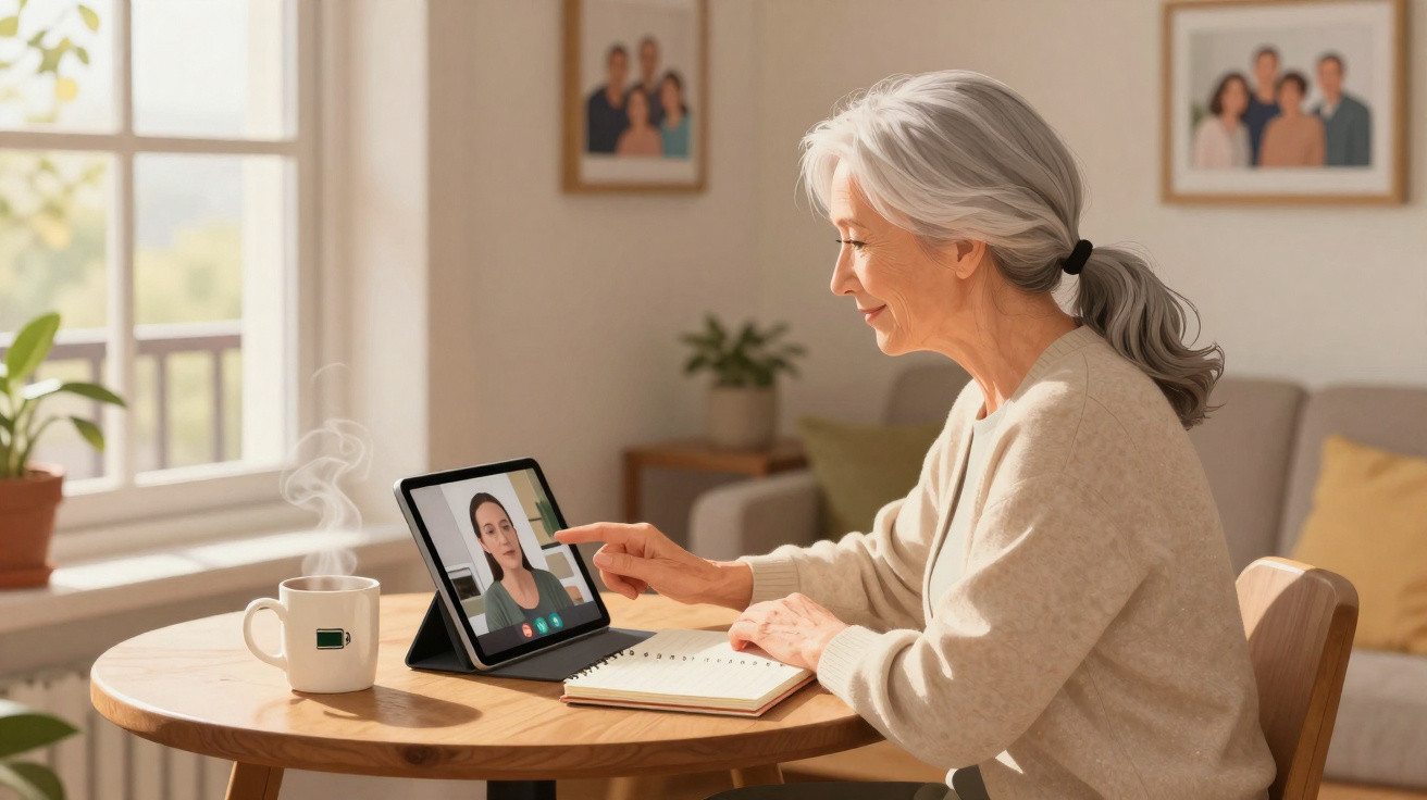Mulher idosa a fazer chamada de vídeo num tablet à mesa com chá quente e caderno numa sala iluminada.