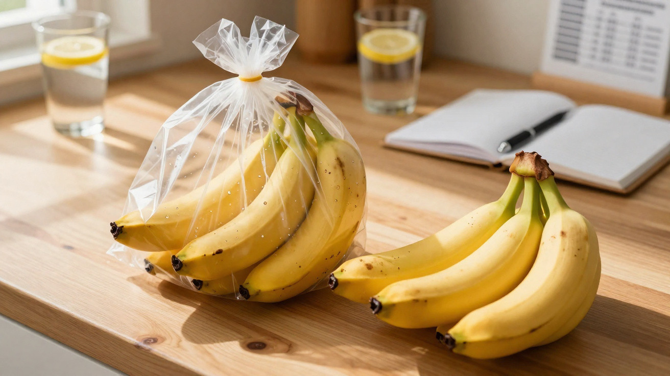 Cacho de bananas, um embalado em saco plástico e outro sobre mesa de madeira, com copos de água e caderno ao fundo.