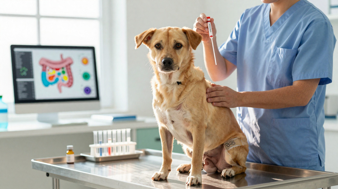 Veterinário a segurar amostra para teste enquanto cão está em mesa de exame numa clínica.