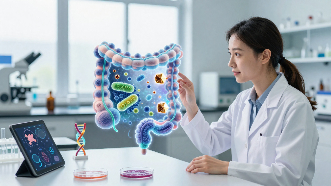 Cientista em laboratório a analisar uma representação digital do intestino e microbioma humano.