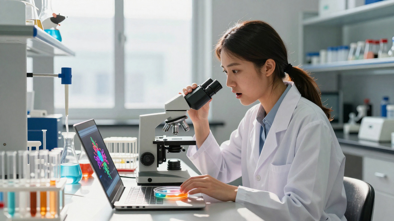 Mulher cientista em bata branca observa amostra no microscópio com imagens no portátil num laboratório.