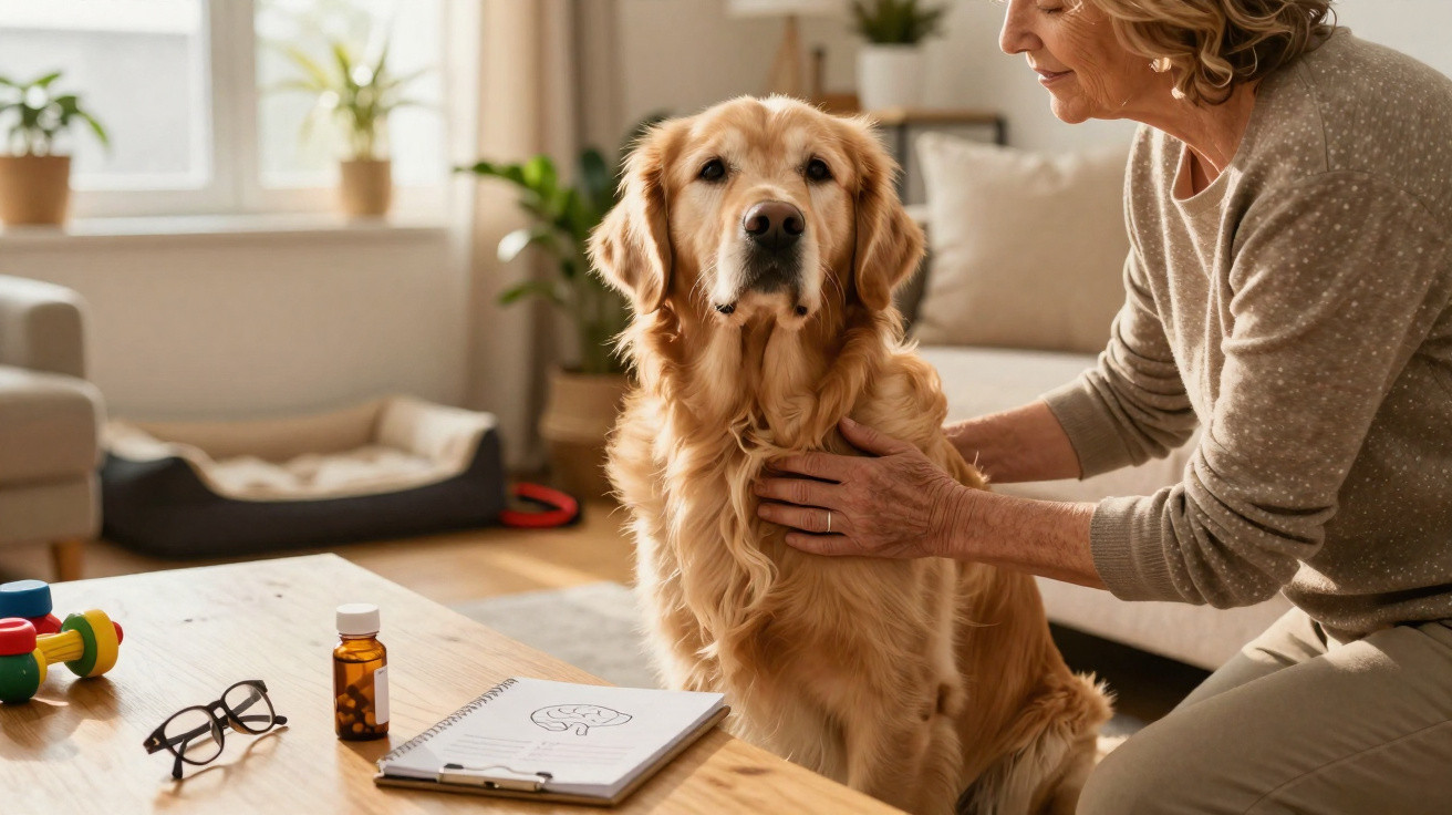 Mulher acaricia cão golden retriever numa sala iluminada e acolhedora, com medicamentos e bloco sobre a mesa.