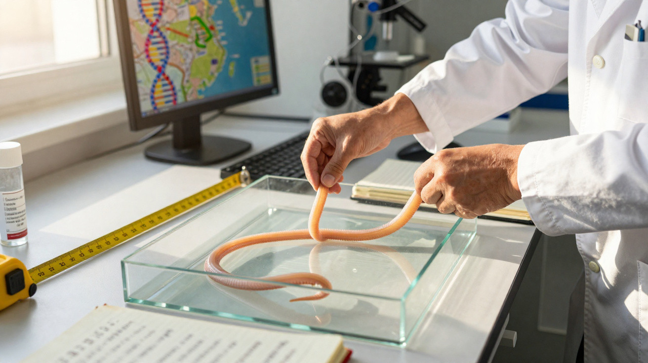 Mãos de cientista manipulando cobra laranja numa caixa de vidro num laboratório com computador ao fundo.