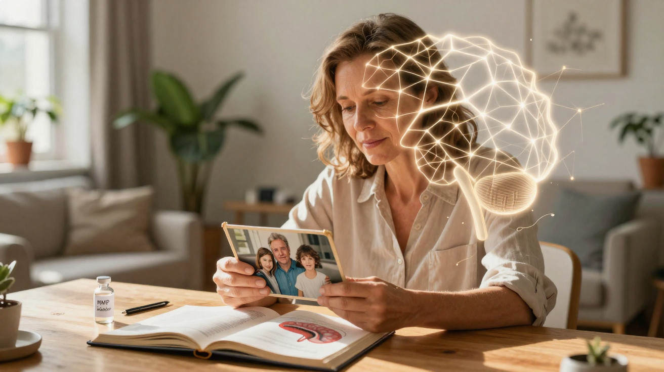 Mulher a olhar foto de família, com livro aberto e imagem digital de cérebro em fundo doméstico acolhedor.