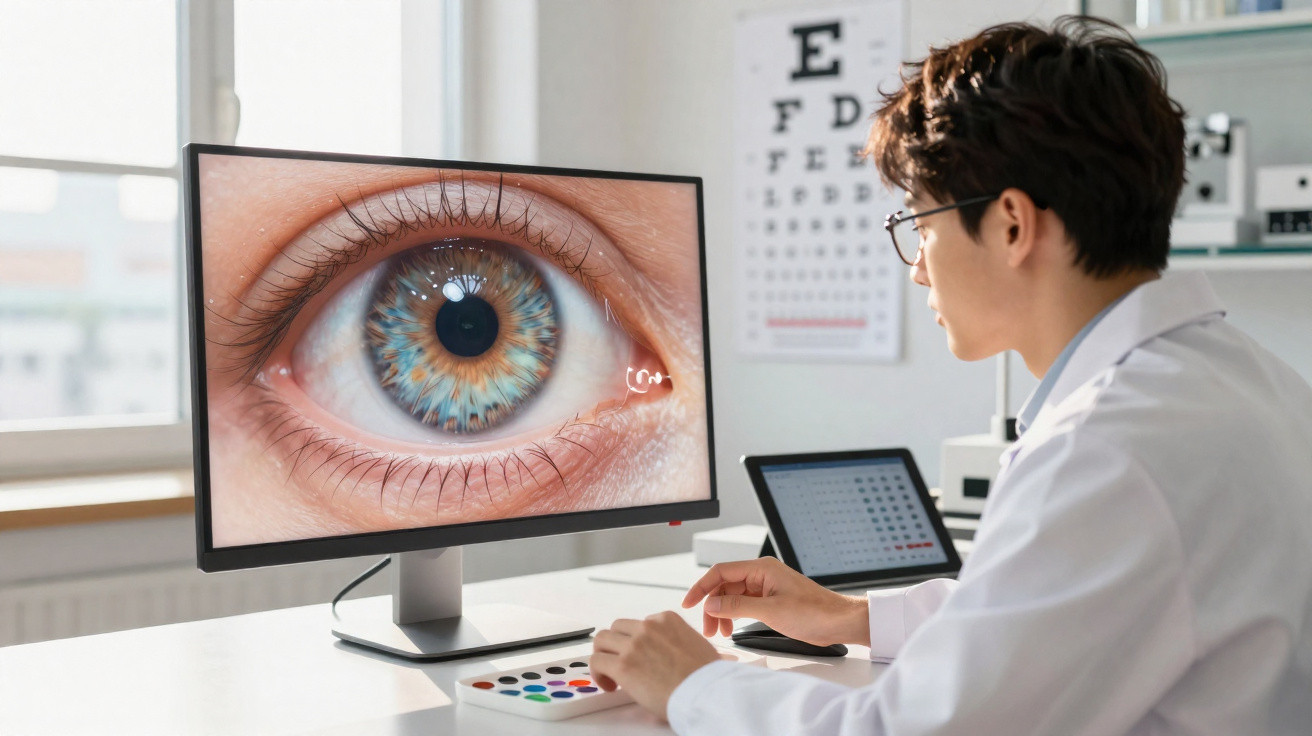 Médico oftalmologista analisa imagem ampliada digital de olho humano num consultório moderno com tabela de visão ao fundo.