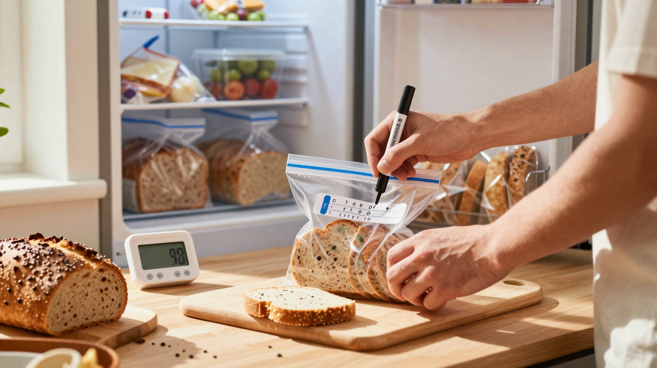Pessoa a etiquetar saco plástico com fatias de pão integral na cozinha, frigorífico aberto ao fundo.