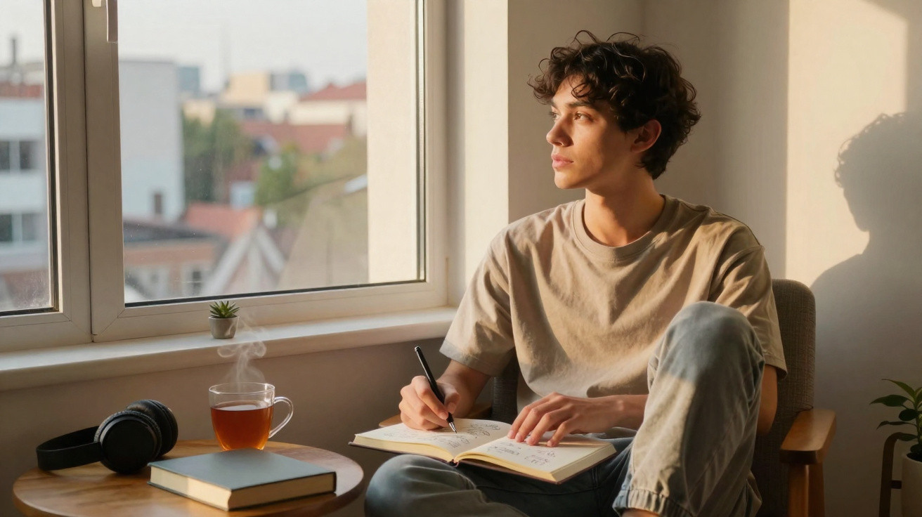 Jovem sentado junto à janela, escrevendo num caderno com chá e auscultadores numa mesa ao lado.