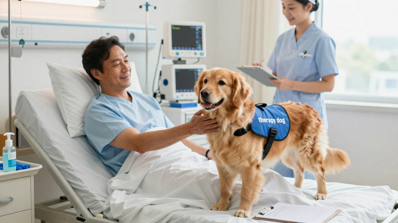 Paciente hospitalizado a sorrir enquanto interage com um cão de terapia, com enfermeira a observar e tomar notas.
