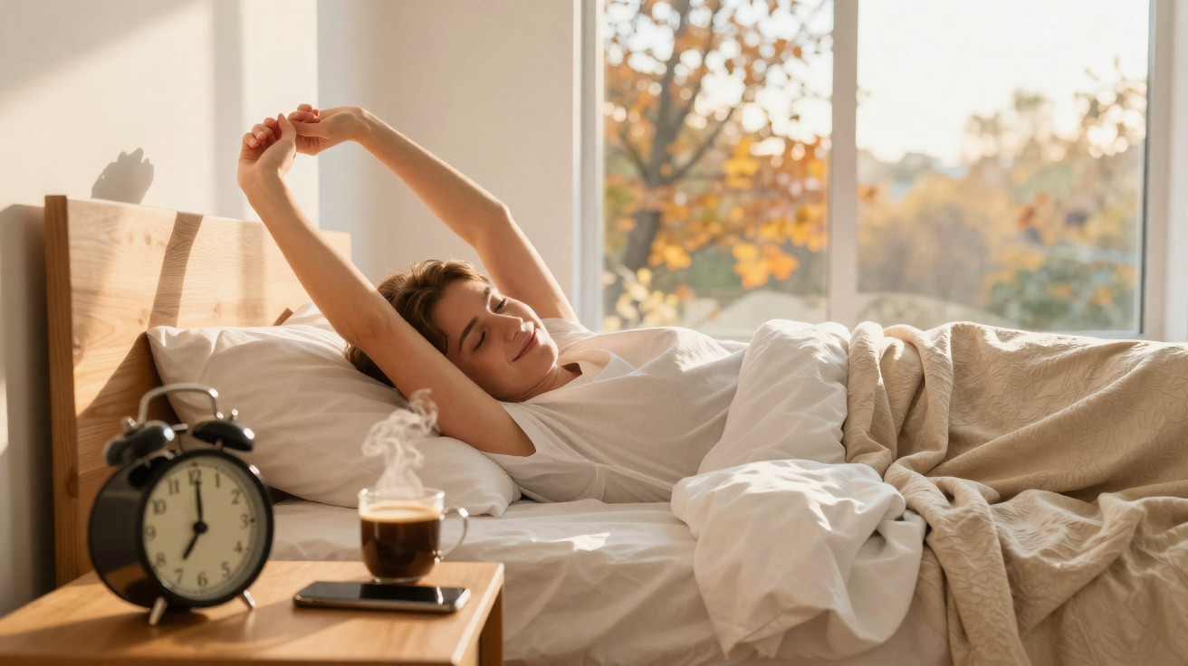 Pessoa a espreguiçar-se na cama ao amanhecer, com chá quente e telemóvel na mesa ao lado.
