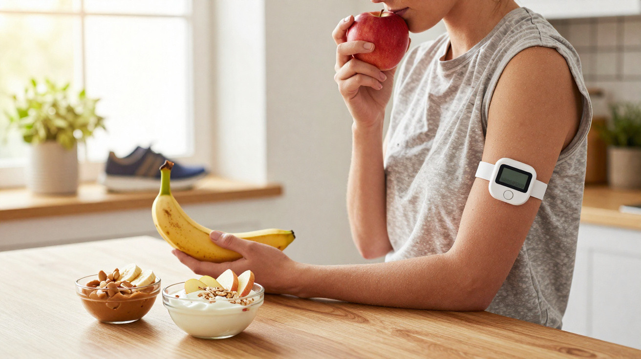 Pessoa com monitor de glicose no braço a comer uma maçã e a segurar uma banana, com tigelas de iogurte e frutos secos.