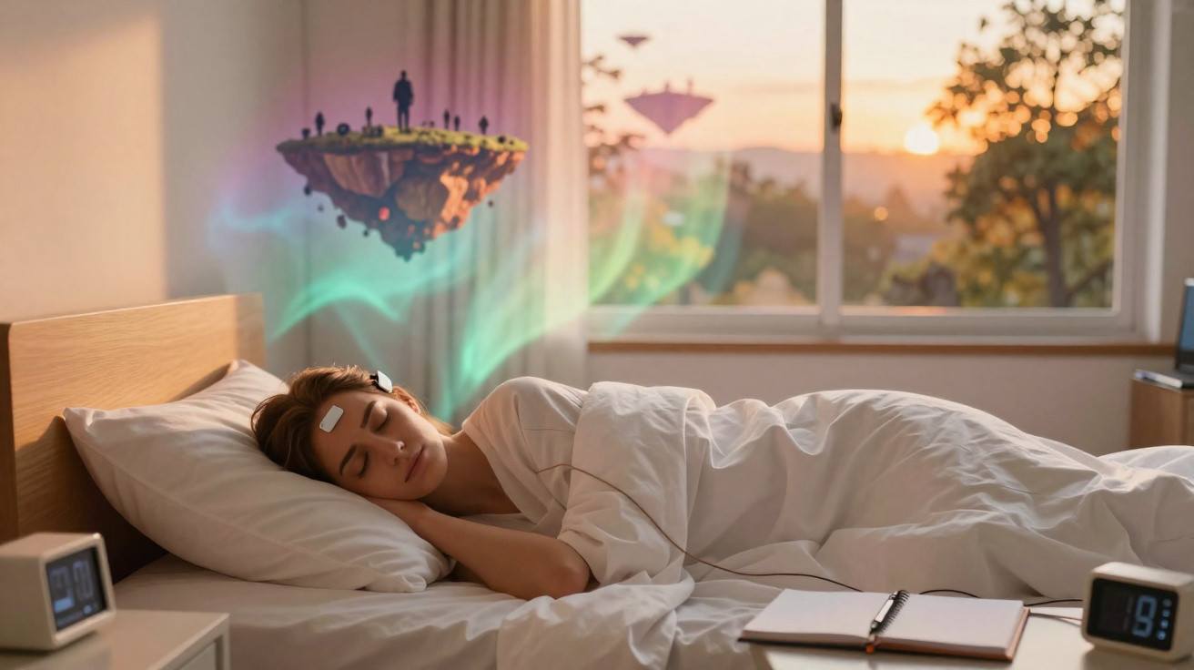 Pessoa a dormir na cama com visualização de sonho surreal flutuando acima da cabeça ao pôr do sol.