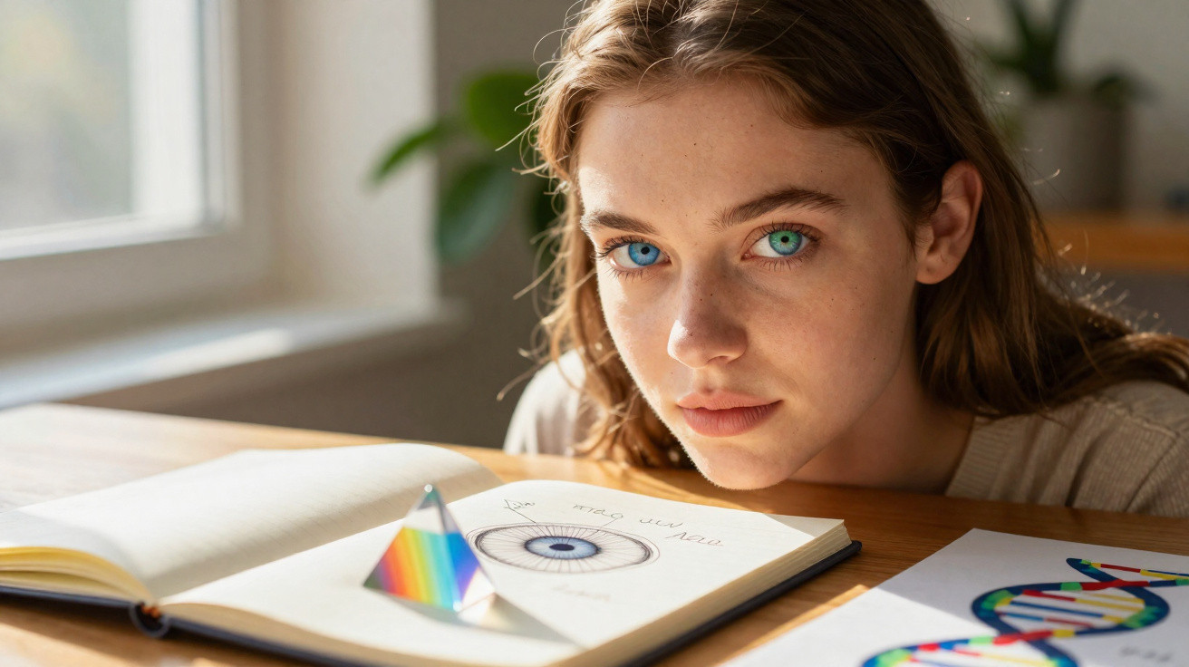 Jovem com olhos azuis junto a um livro aberto com desenho de um olho e elementos coloridos sobre a mesa.