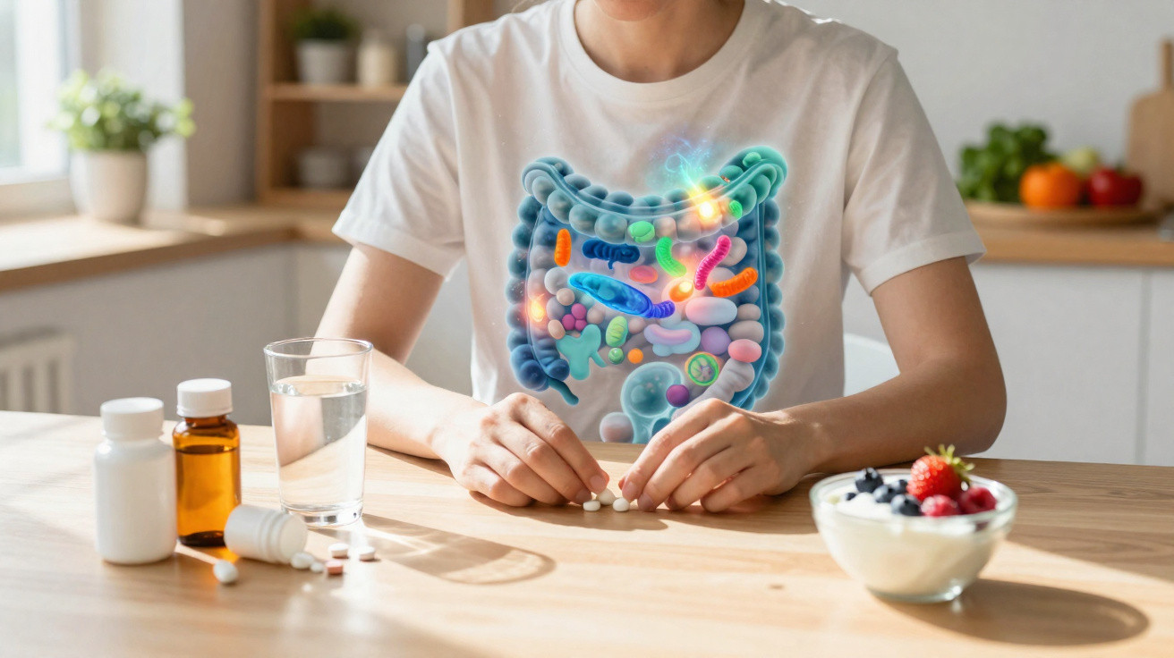 Pessoa sentada à mesa com comprimidos, água e representação gráfica do intestino e microbiota.