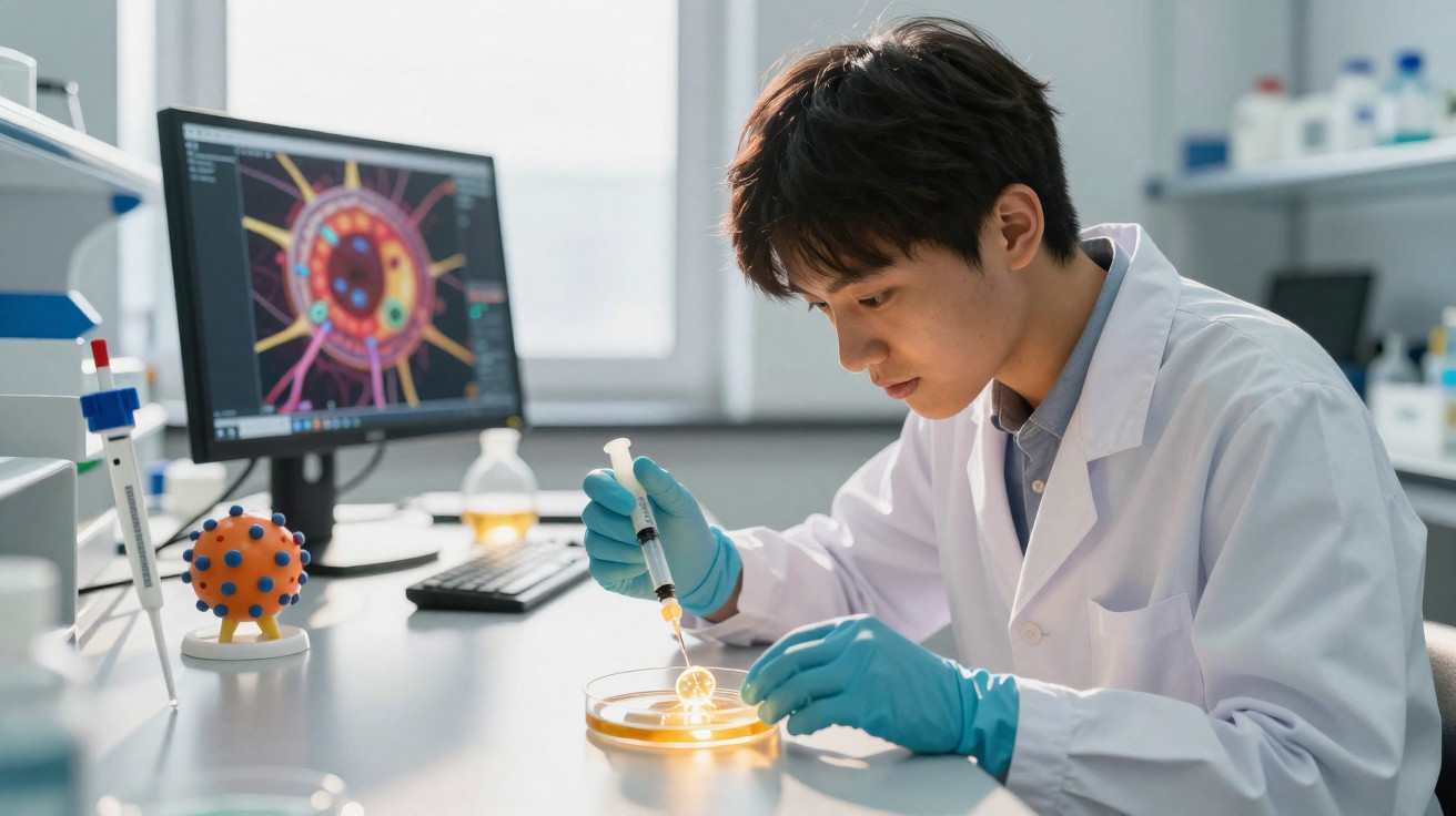 Cientista com bata branca e luvas azuis manuseia pipeta sobre placa de Petri num laboratório.