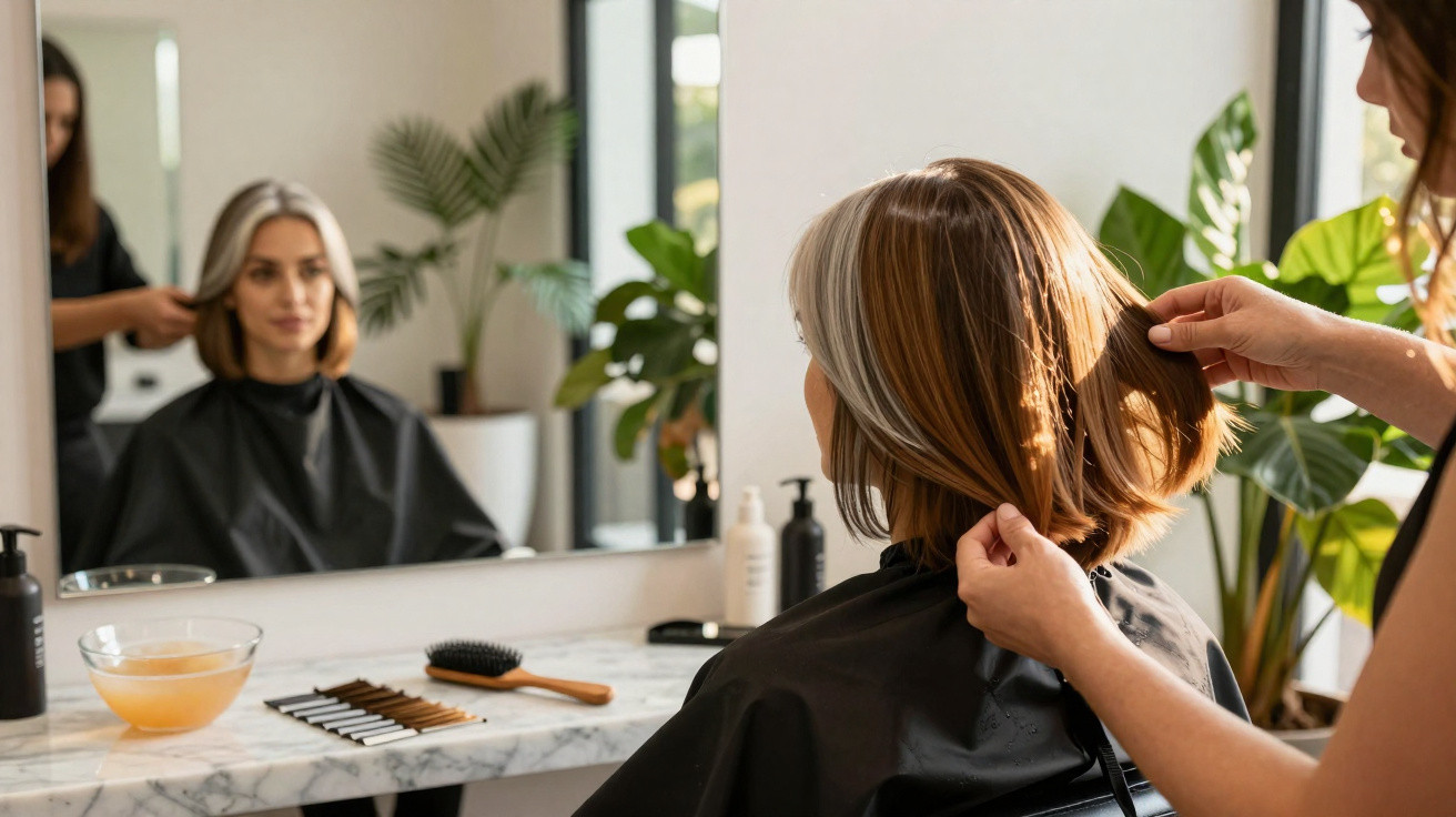 Mulher sentada num salão de cabeleireiro a ter o cabelo tratado por uma cabeleireira.