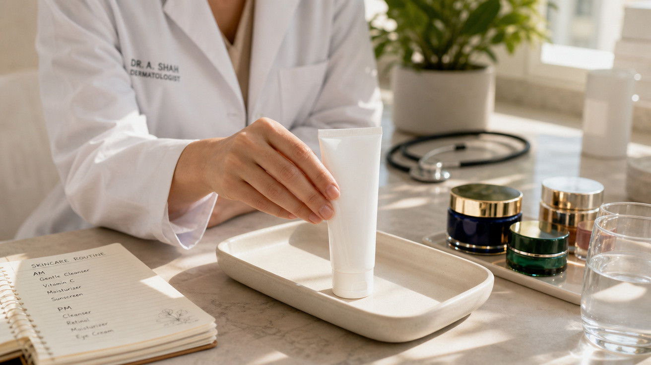 Médico dermatologista a segurar tubo de creme branco numa bandeja com frascos cosméticos e diário de rotina de cuidados.